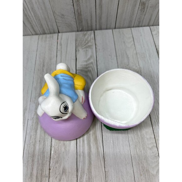 Vintage Ceramic Bunny Easter Rabbit Laying On Purple Egg Trinket Box Big Eye - Picture 7 of 8